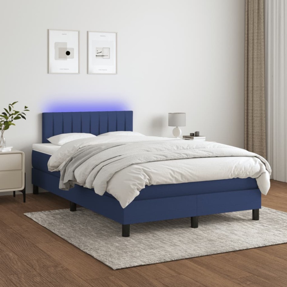 Cama box spring con colchón y LED tela azul 120x200
