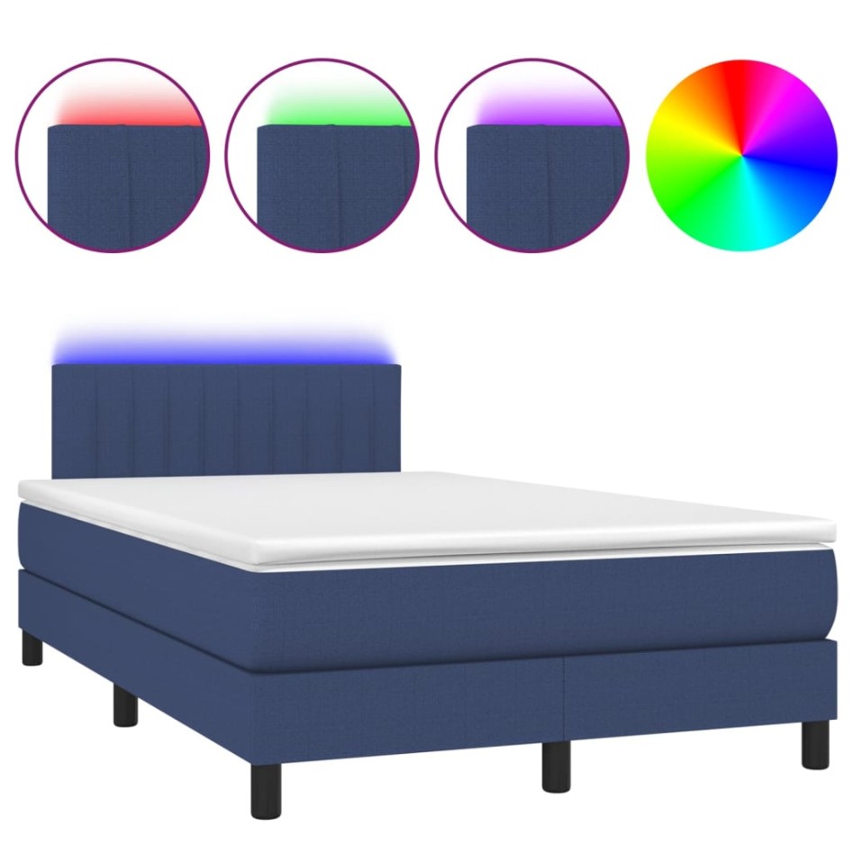 Cama box spring con colchón y LED tela azul 120x200