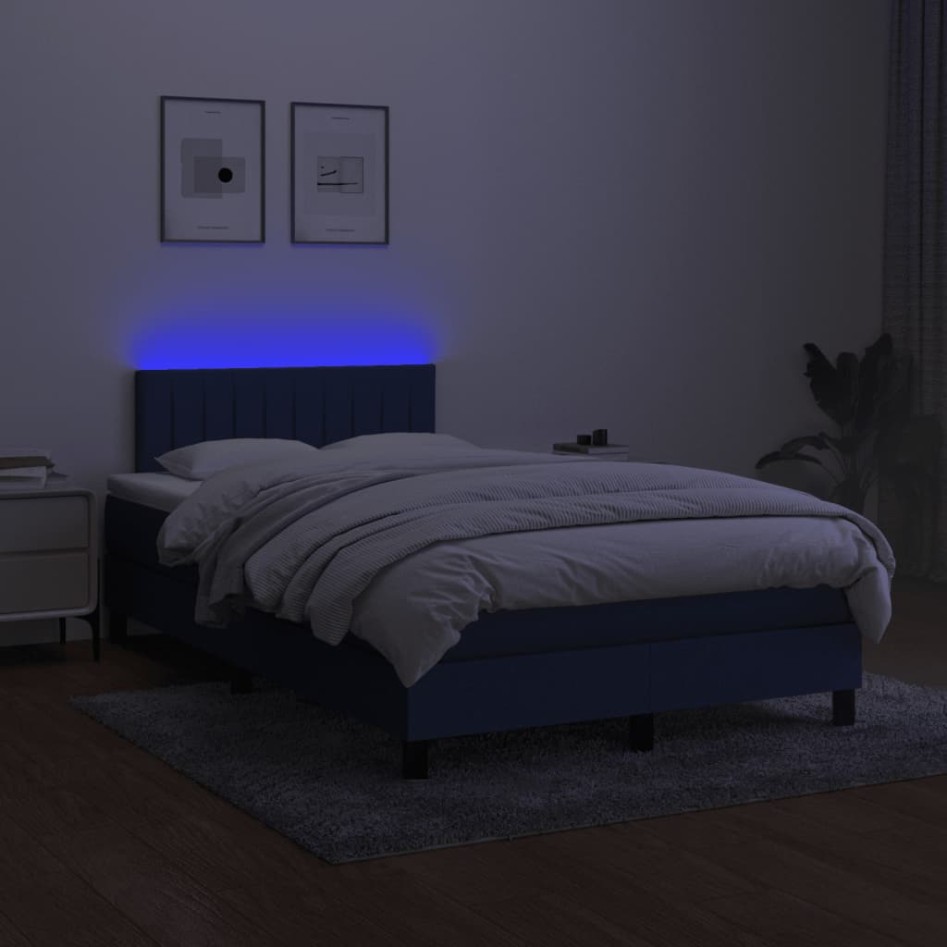 Cama box spring con colchón y LED tela azul 120x200