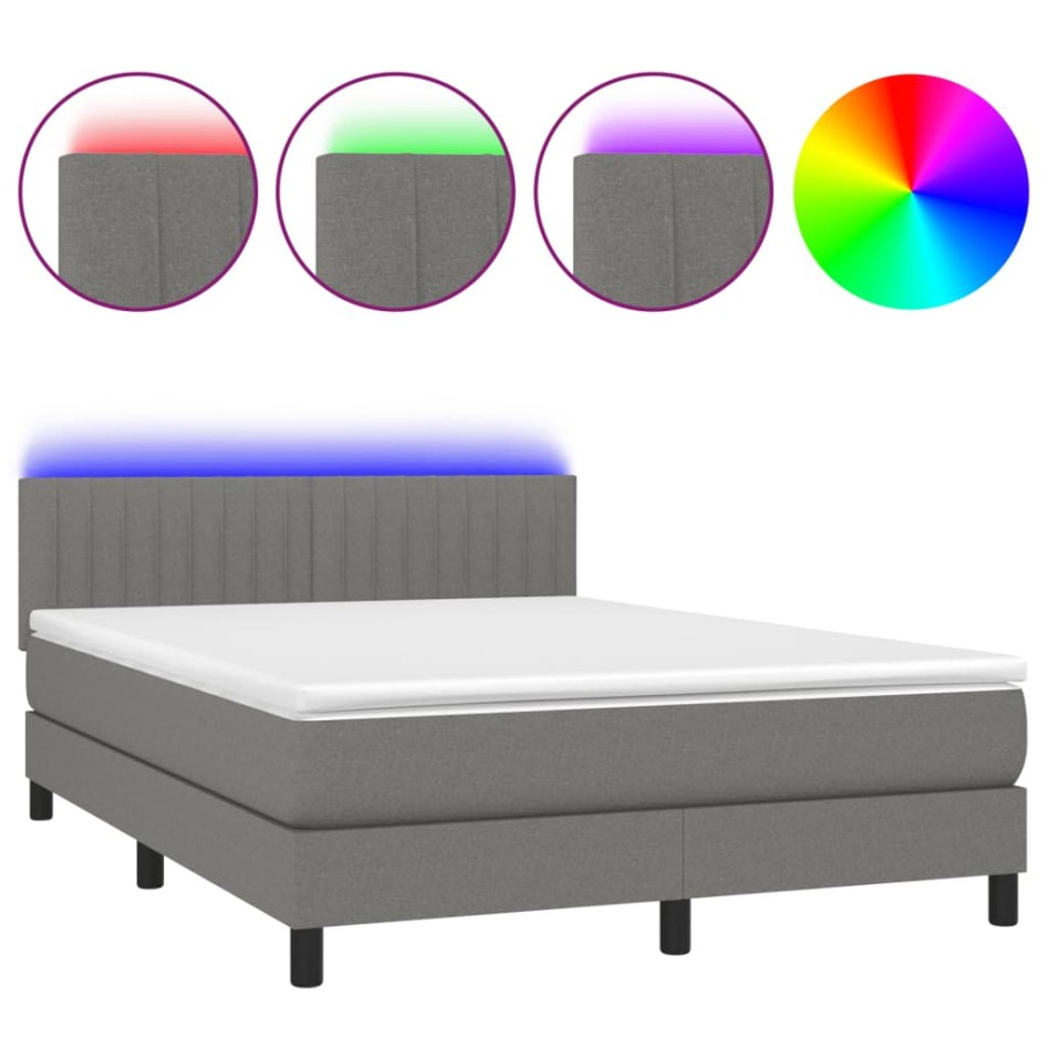 Cama box spring colchón y luces LED tela gris oscuro 140x200