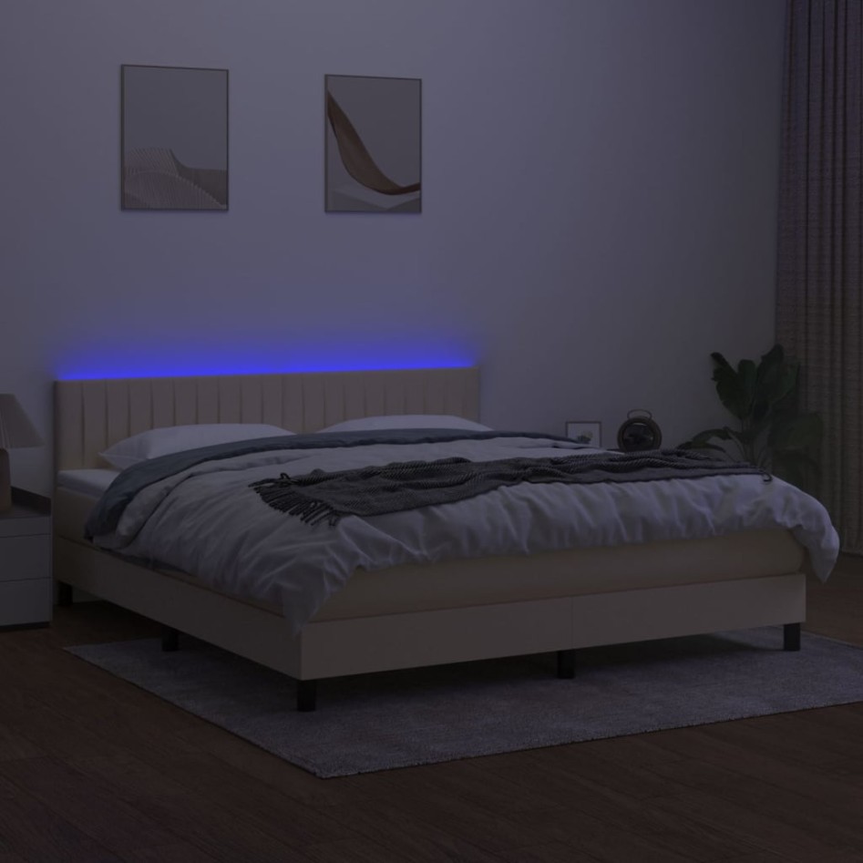 Cama box spring colchón y luces LED tela crema 160x200