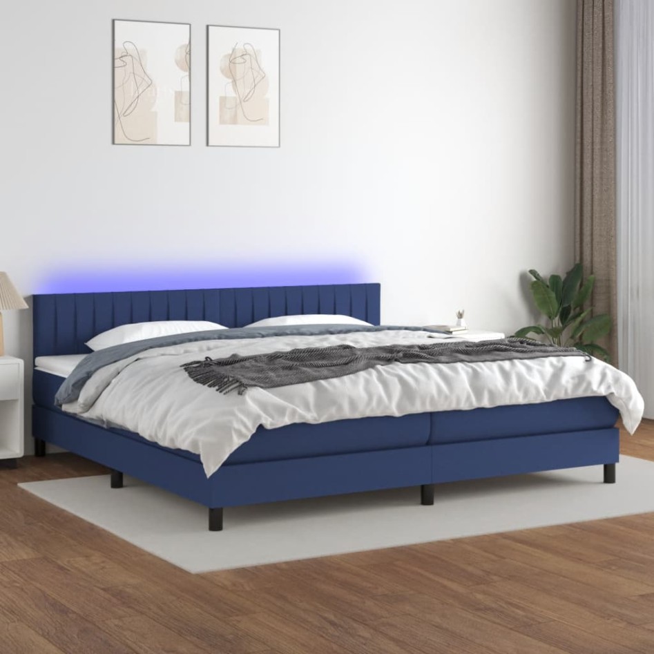 Cama box spring colchón y luces LED tela azul 200x200