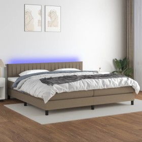 Cama box spring colchón y luces LED tela gris taupe 200x200