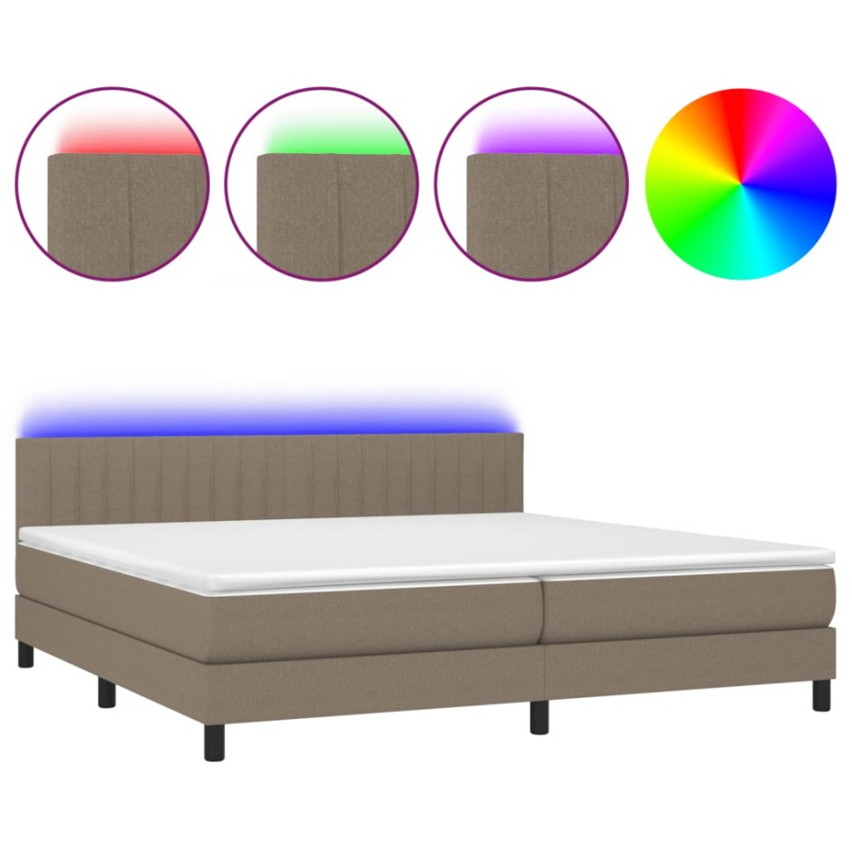 Cama box spring colchón y luces LED tela gris taupe 200x200