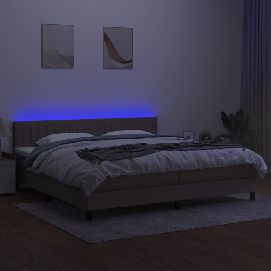 Cama box spring colchón y luces LED tela gris taupe 200x200