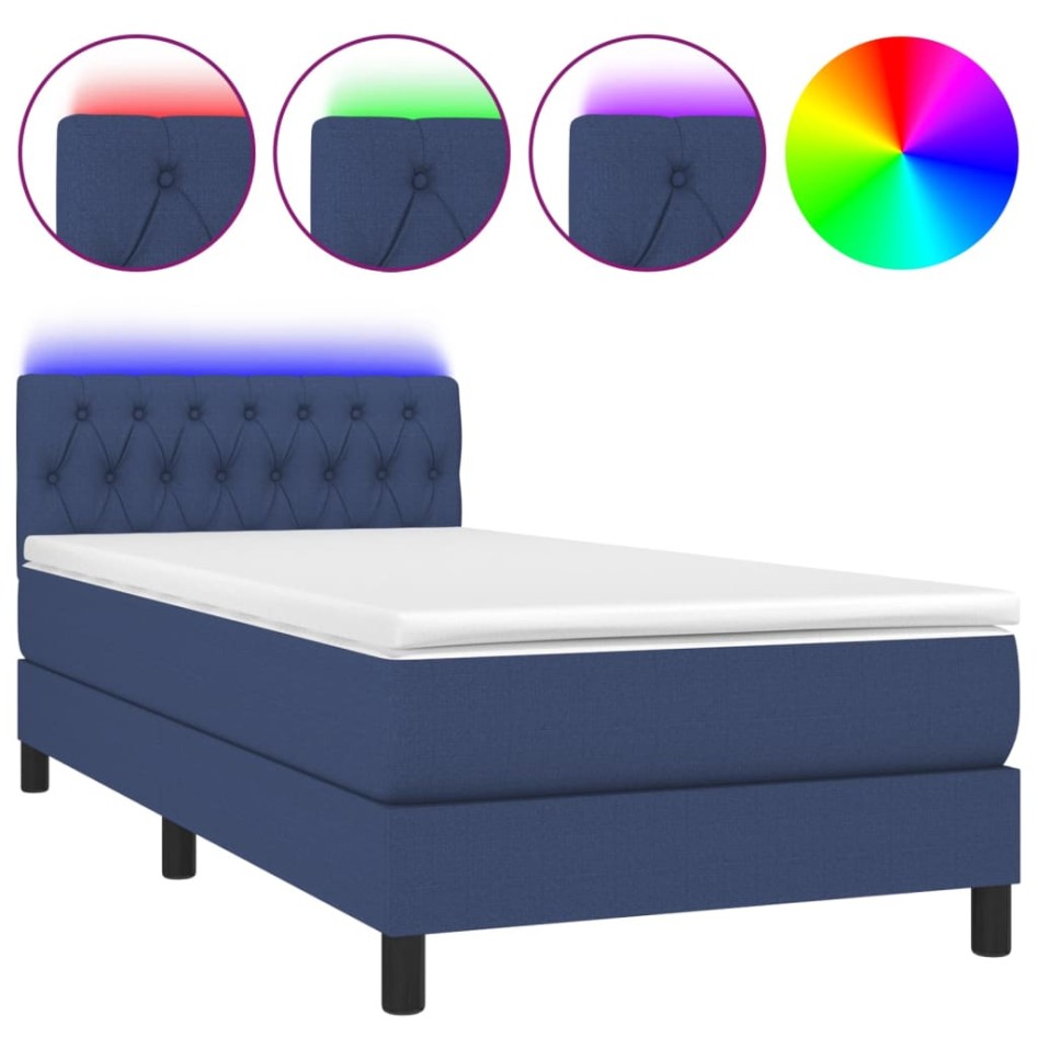 Cama box spring colchón y luces LED tela azul 100x200