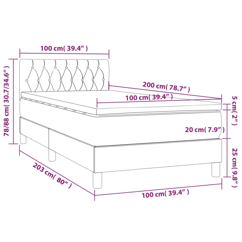 Cama box spring colchón y luces LED tela azul 100x200