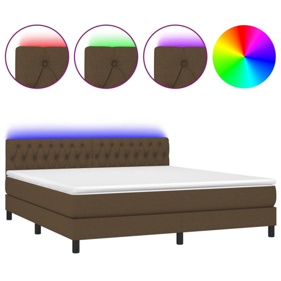 Cama box spring colchón luces LED tela marrón oscuro