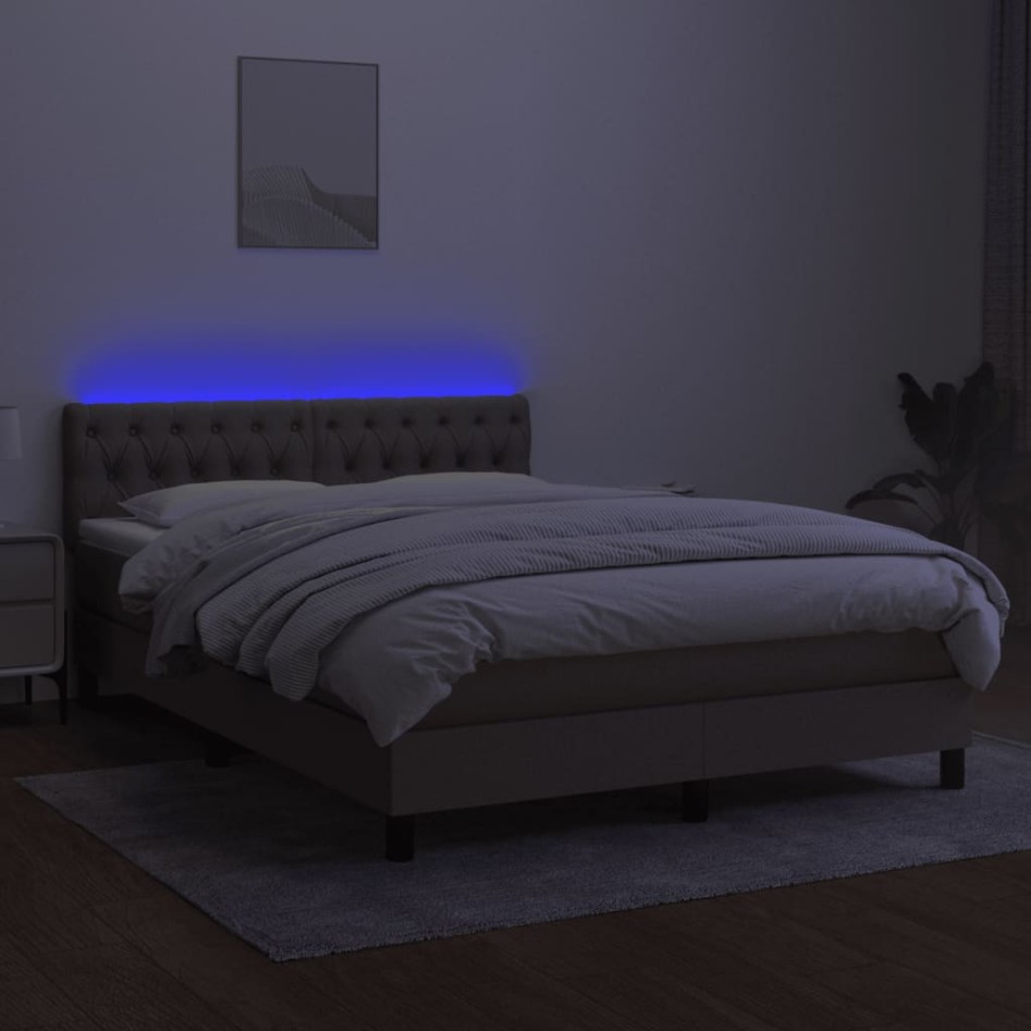 Cama box spring colchón y luces LED tela gris taupe 140x190