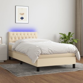 Cama box spring colchón y luces LED tela crema 90x200