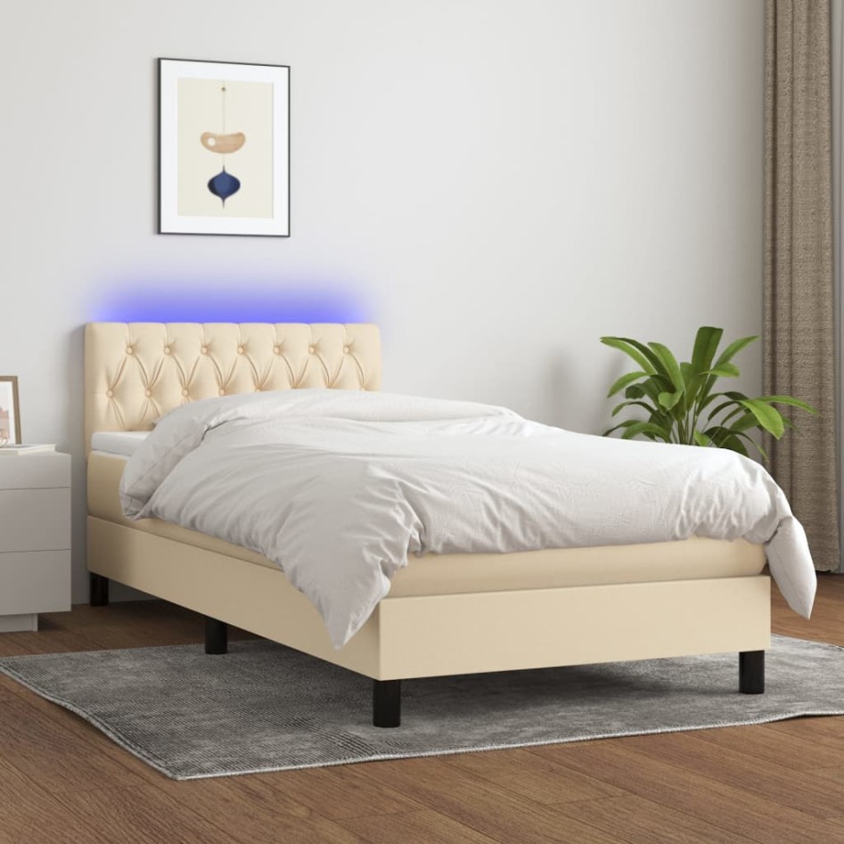 Cama box spring colchón y luces LED tela crema 90x200