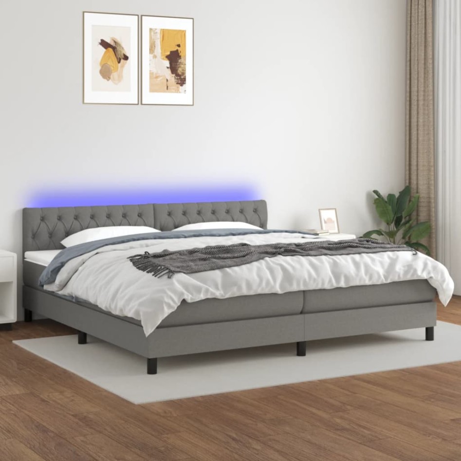 Cama box spring colchón y luces LED tela gris claro 200x200