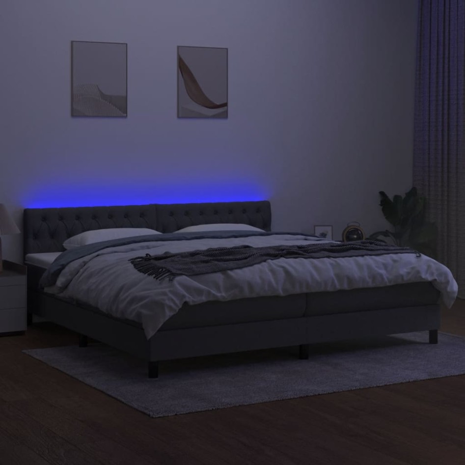 Cama box spring colchón y luces LED tela gris claro 200x200