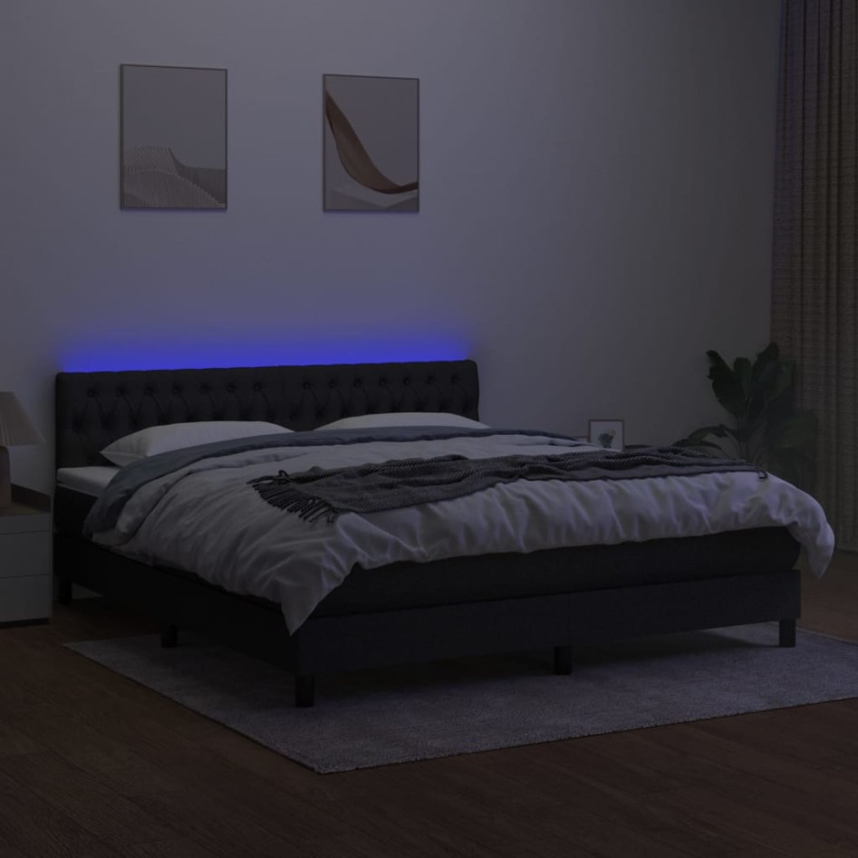 Cama box spring colchón y luces LED tela negro 180x200
