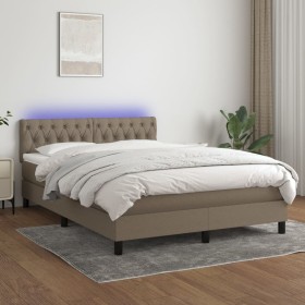 Cama box spring colchón y luces LED tela gris taupe 140x200