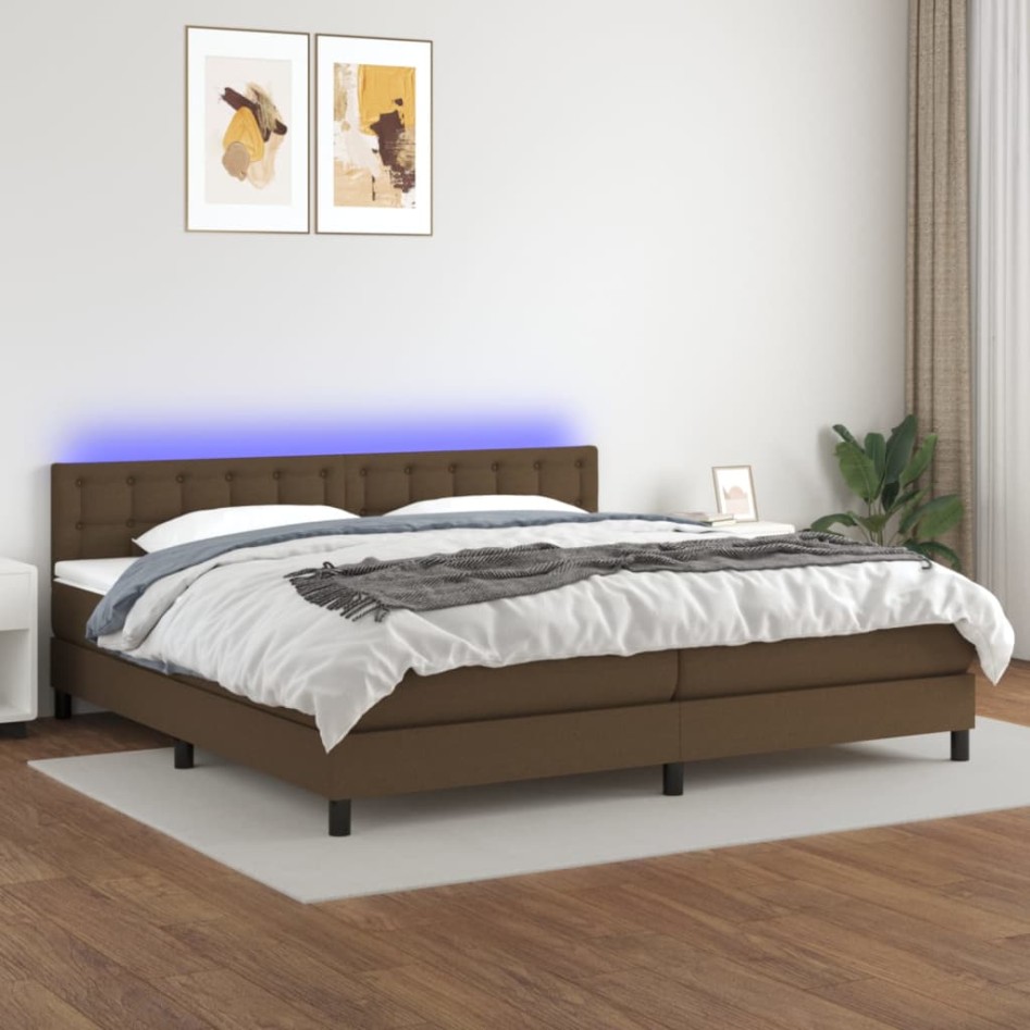 Cama box spring colchón luces LED tela marrón oscuro 200x200