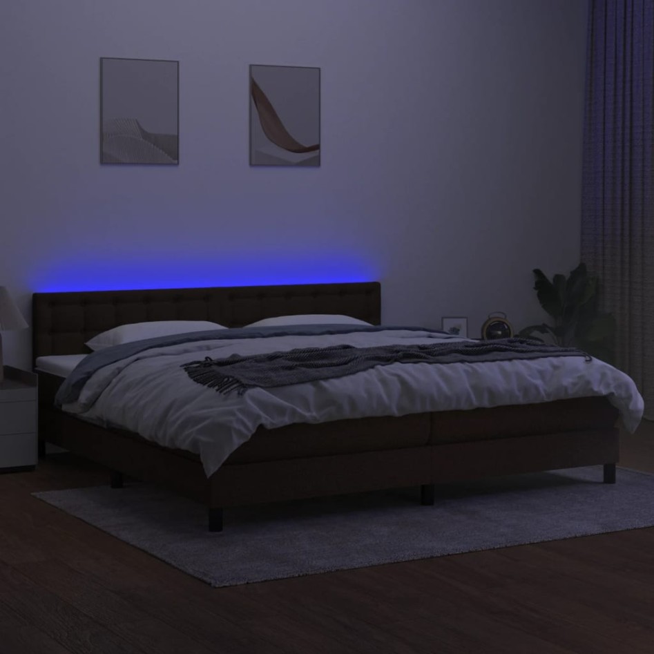 Cama box spring colchón luces LED tela marrón oscuro 200x200