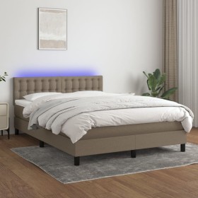 Cama box spring colchón y luces LED tela gris taupe 140x200