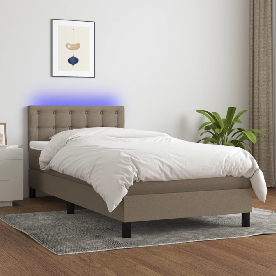Cama box spring colchón y luces LED tela gris taupe 100x200