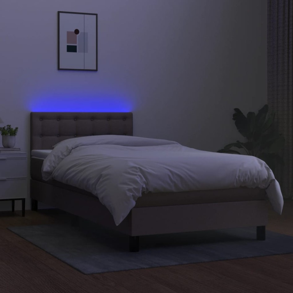 Cama box spring colchón y luces LED tela gris taupe 100x200