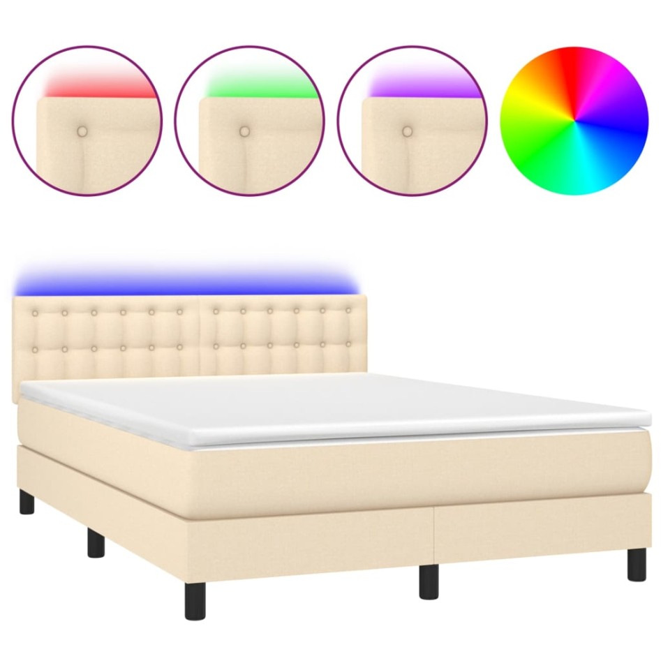 Cama box spring colchón y luces LED tela crema 140x190