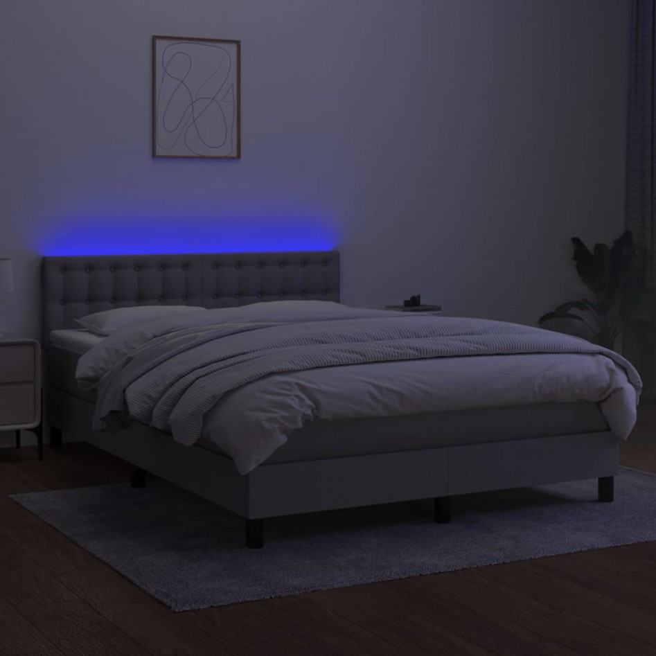 Cama box spring colchón y luces LED tela gris claro 140x190