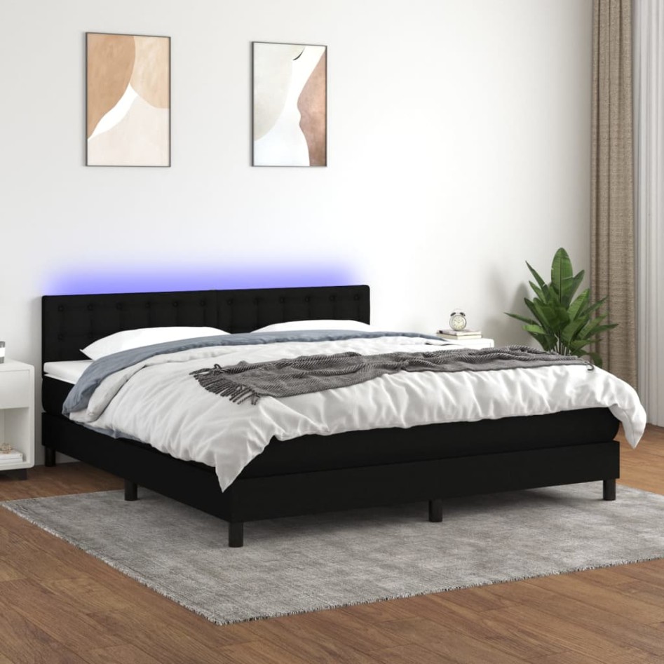 Cama box spring colchón y luces LED tela negro 180x200