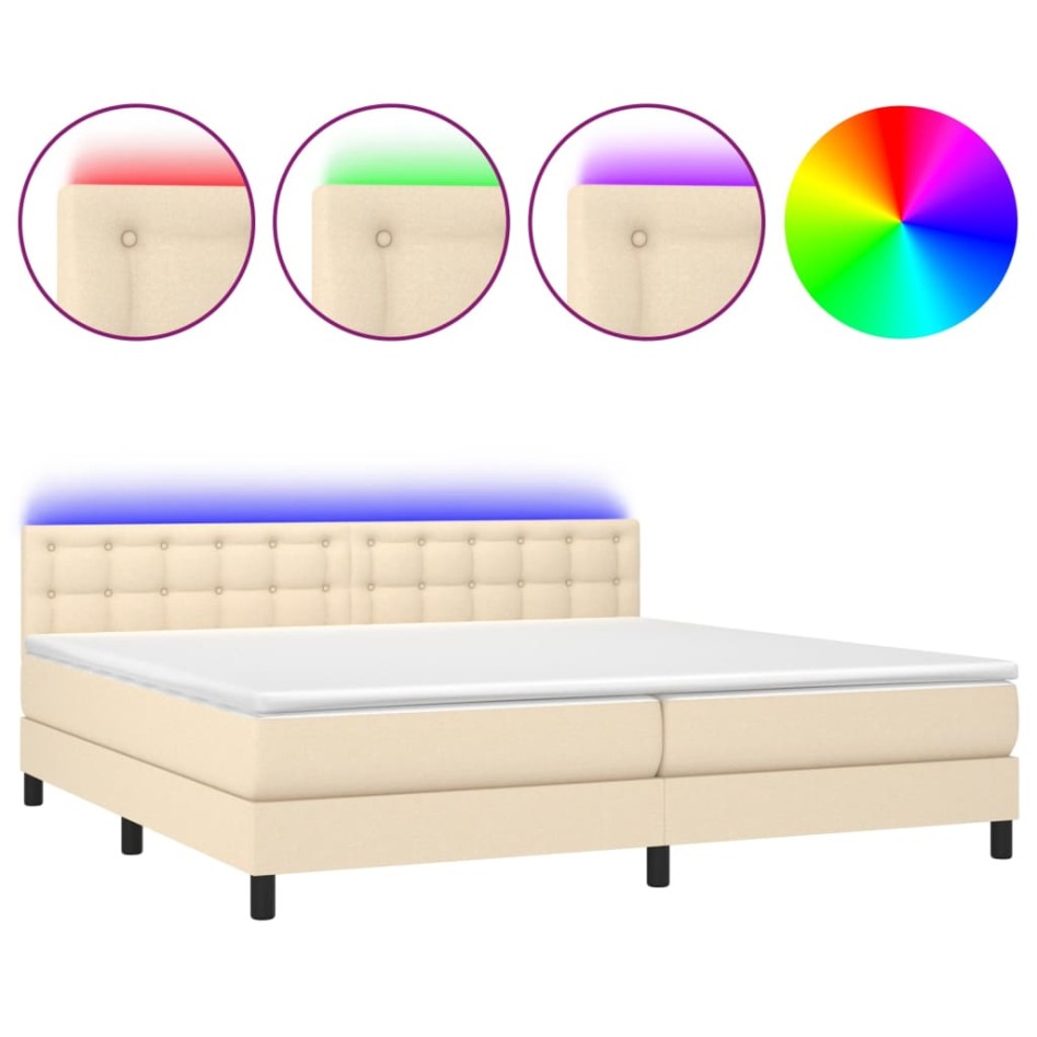 Cama box spring colchón y luces LED tela crema 200x200