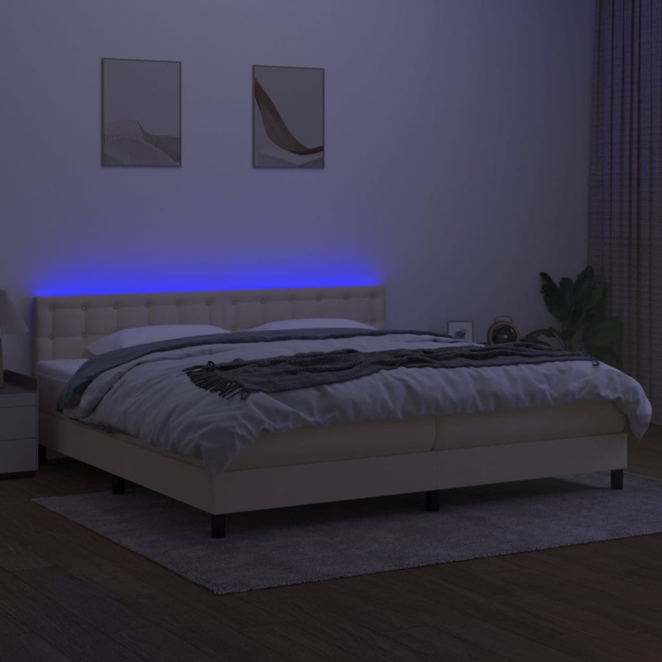 Cama box spring colchón y luces LED tela crema 200x200