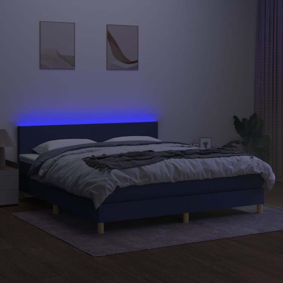 Cama box spring con colchón y LED tela azul 160x200