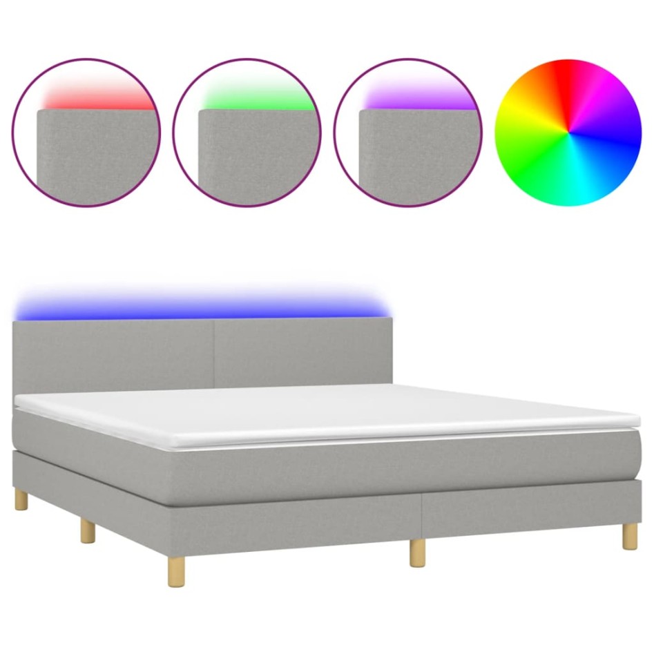 Cama box spring con colchón tela y LED gris claro 180x200