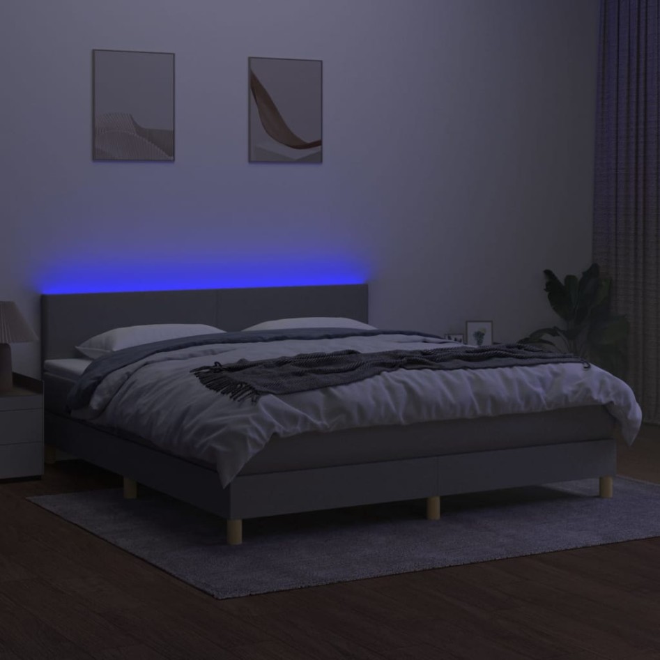 Cama box spring con colchón tela y LED gris claro 180x200