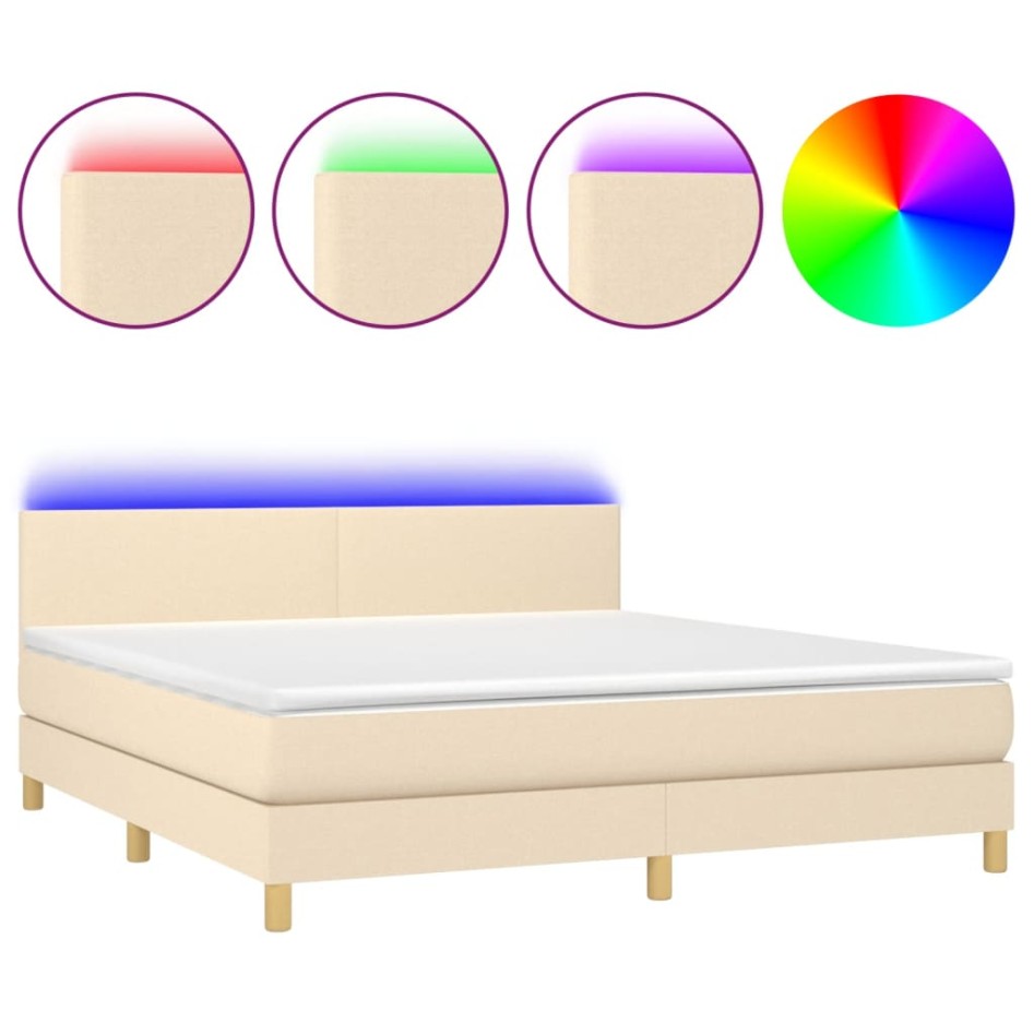 Cama box spring con colchón y LED tela crema 180x200