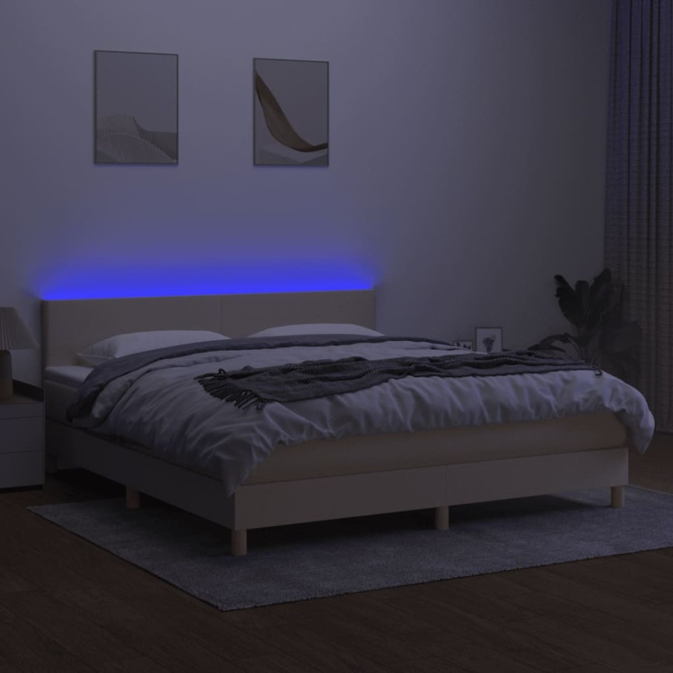 Cama box spring con colchón y LED tela crema 180x200