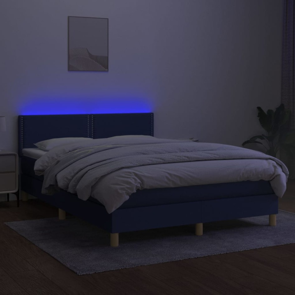 Cama box spring colchón y luces LED tela azul 140x190