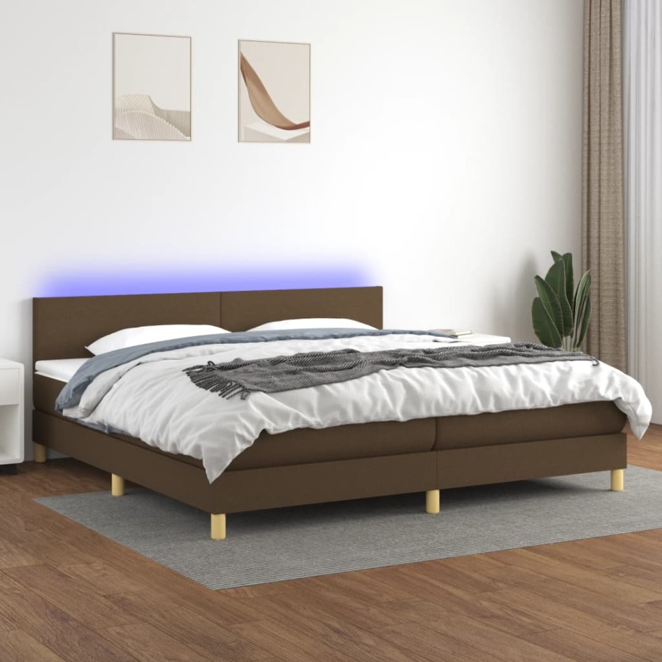 Cama box spring con colchón LED tela marrón oscuro 200x200
