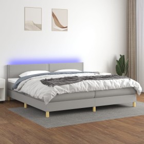 Cama box spring con colchón tela y LED gris claro 200x200