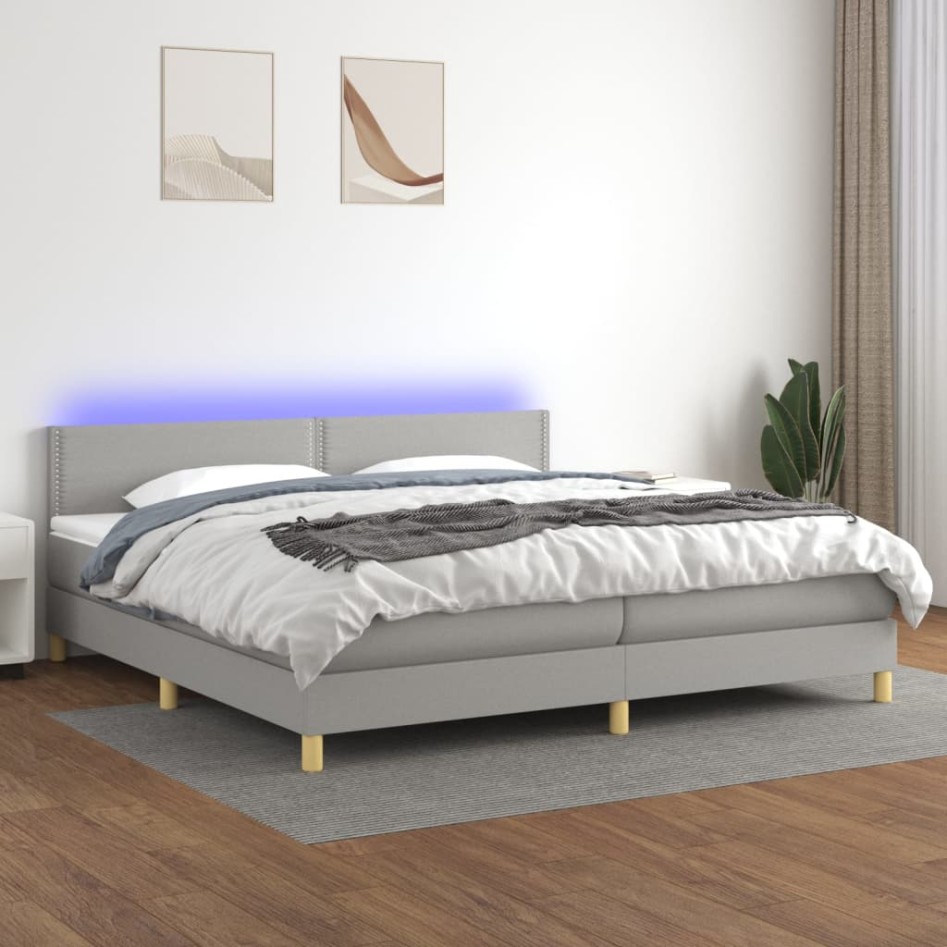 Cama box spring con colchón tela y LED gris claro 200x200