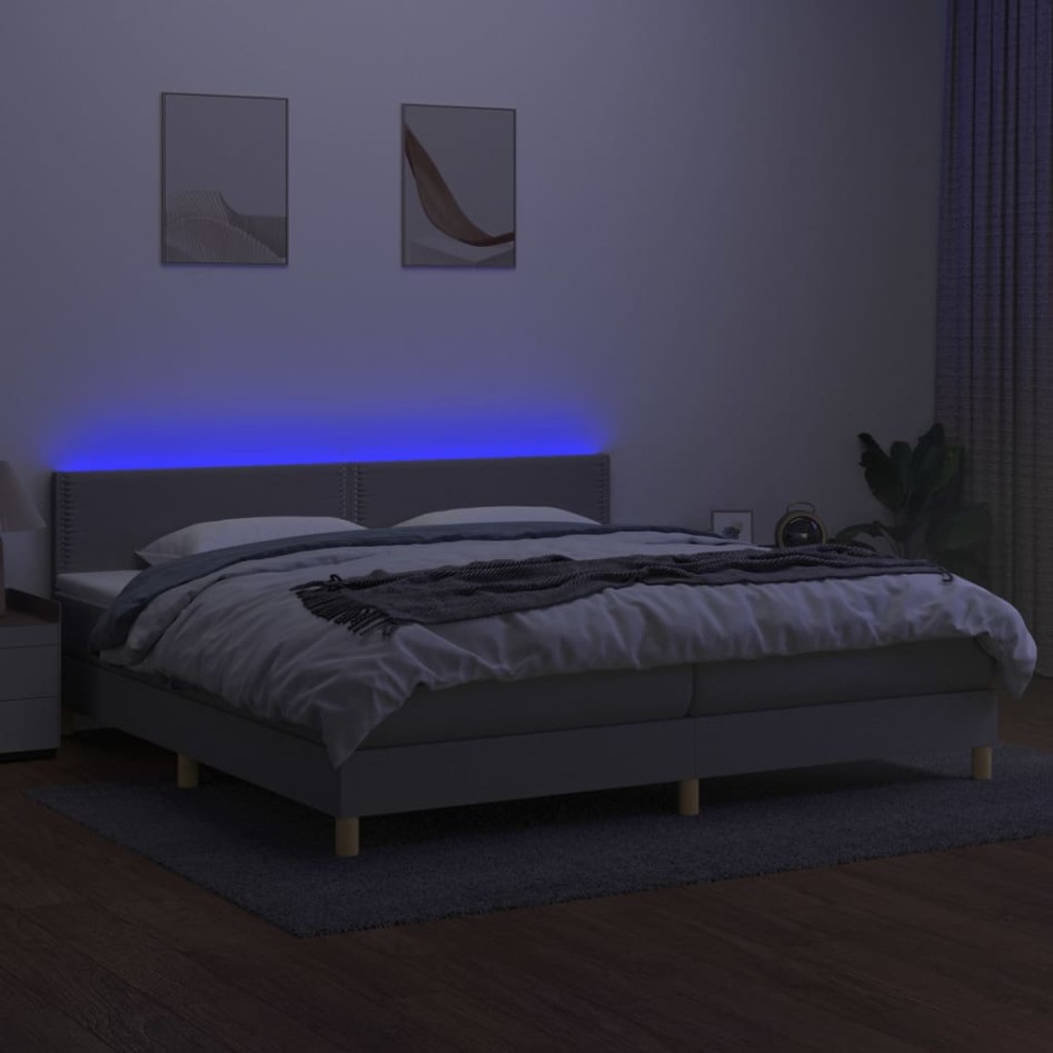 Cama box spring con colchón tela y LED gris claro 200x200