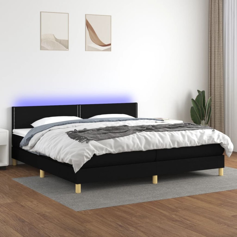 Cama box spring con colchón LED tela negro 200x200