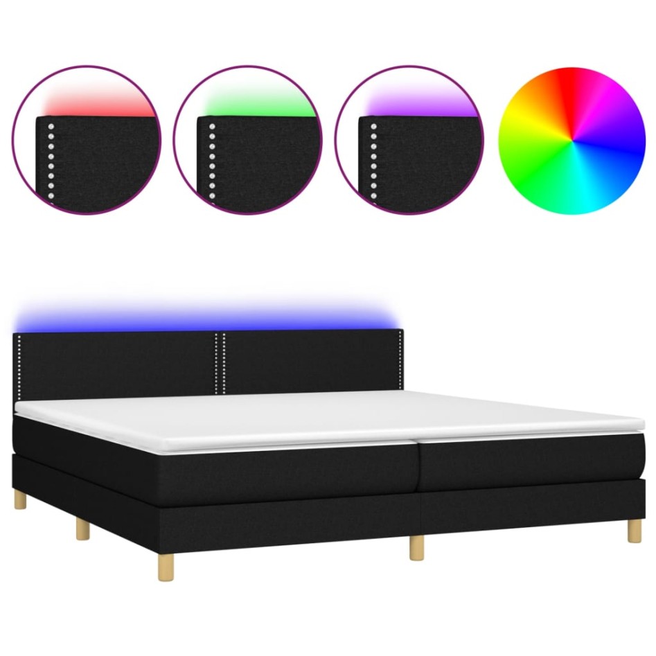 Cama box spring con colchón LED tela negro 200x200
