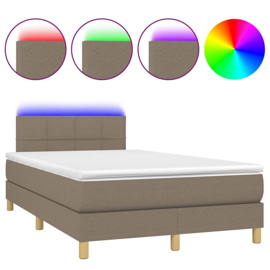 Cama box spring con colchón y LED tela gris taupe 120x200