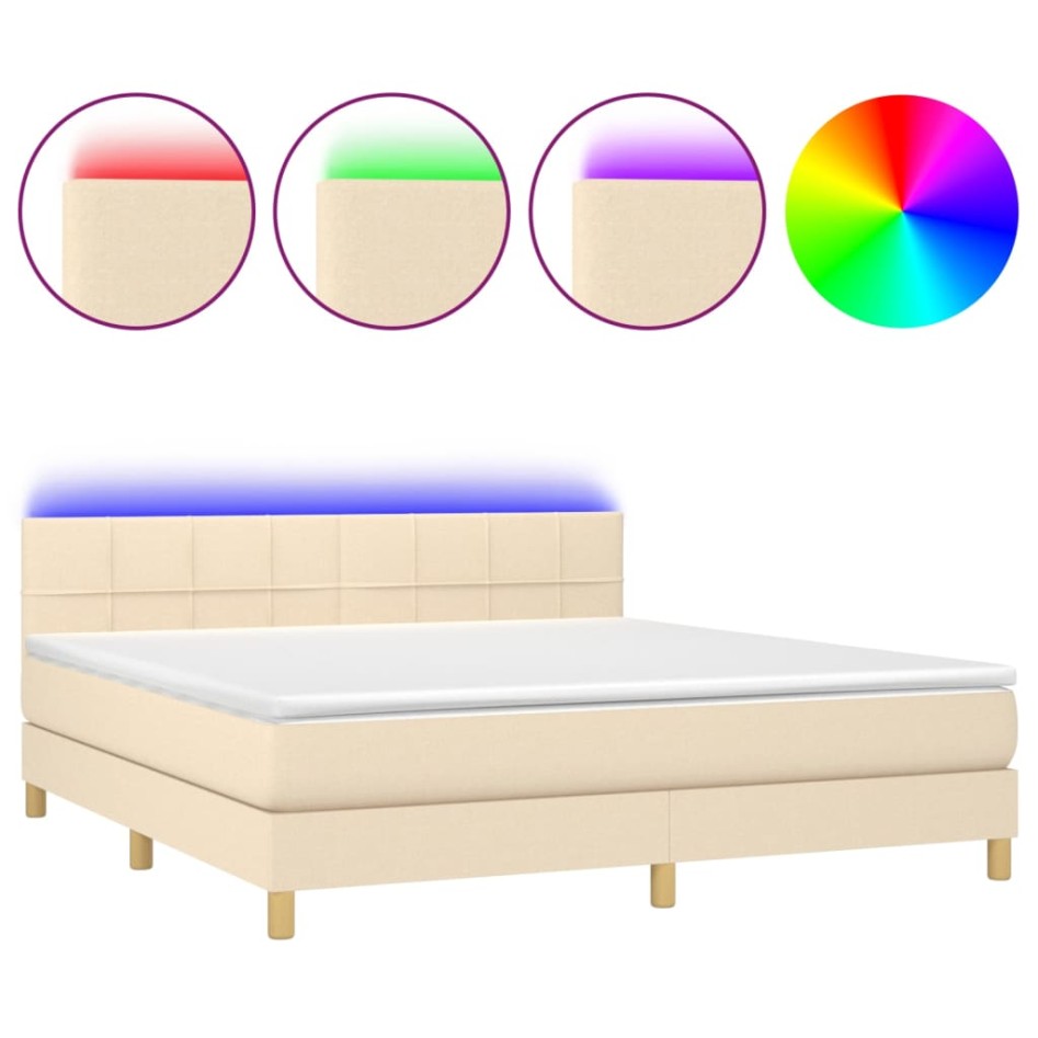 Cama box spring con colchón y LED tela crema 160x200