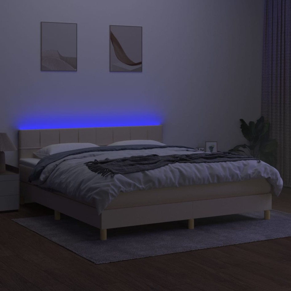 Cama box spring con colchón y LED tela crema 160x200