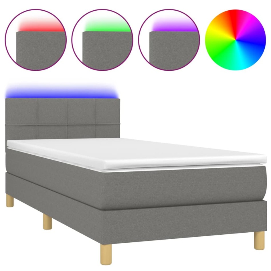 Cama box spring con colchón y LED tela gris oscuro 100x200