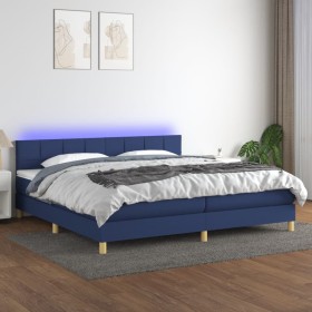 Cama box spring con colchón y LED tela azul 200x200
