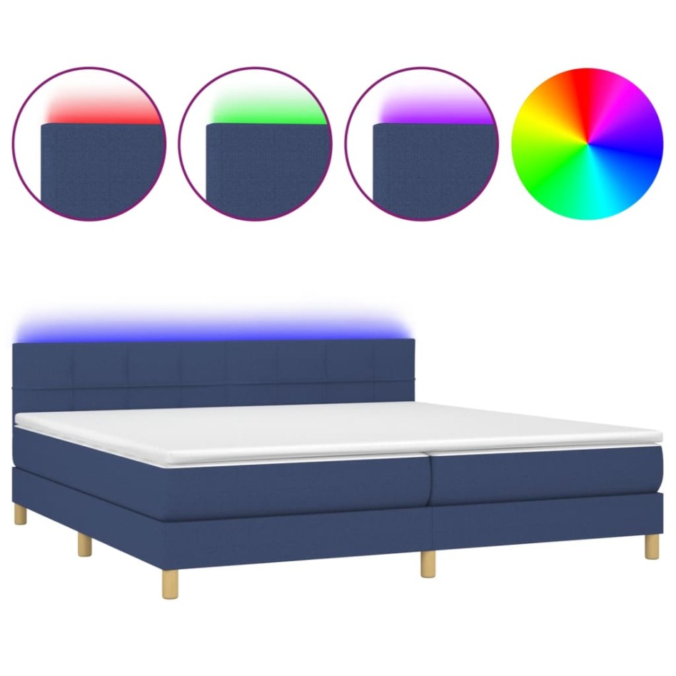 Cama box spring con colchón y LED tela azul 200x200