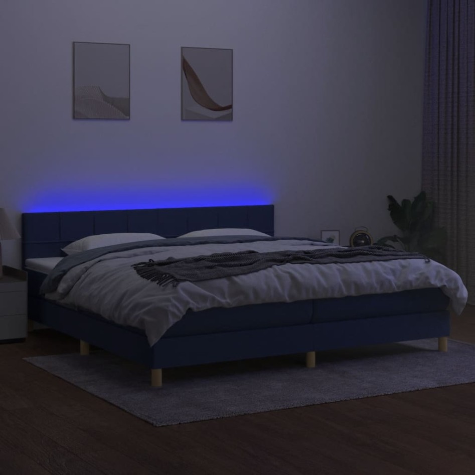 Cama box spring con colchón y LED tela azul 200x200