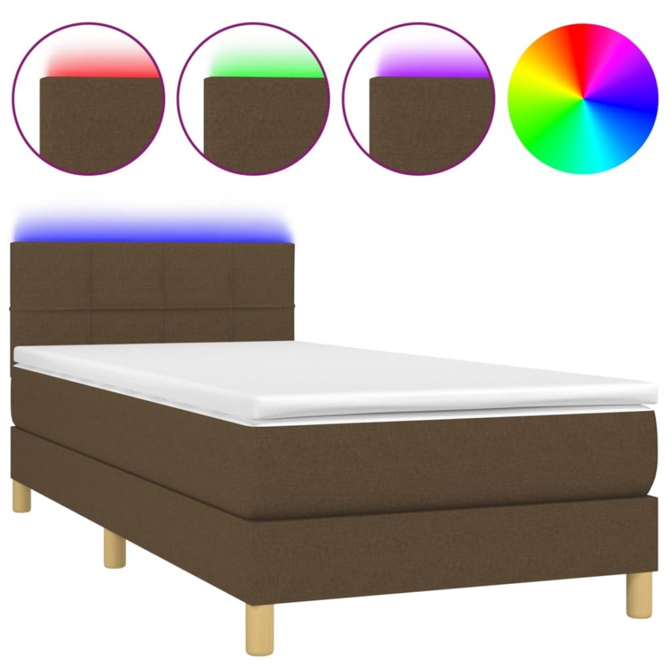 Cama box spring con colchón LED tela marrón oscuro 90x190