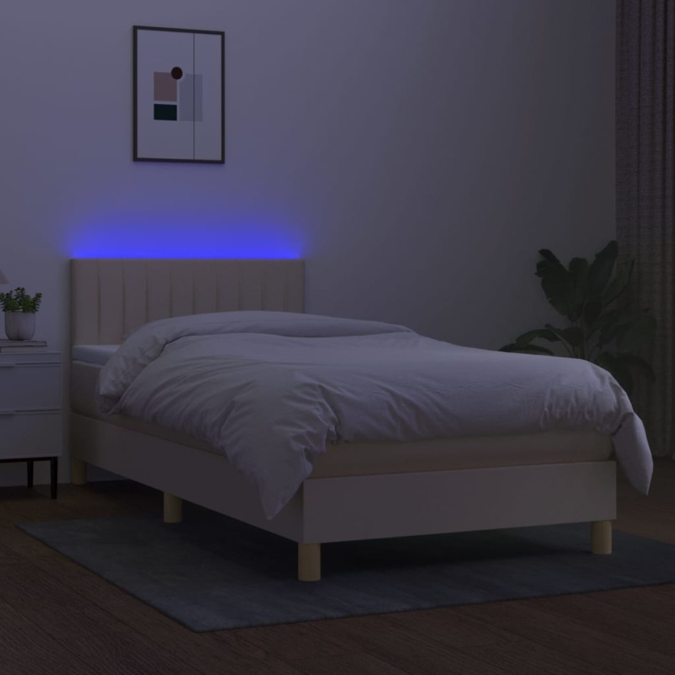 Cama box spring con colchón y LED tela crema 80x200